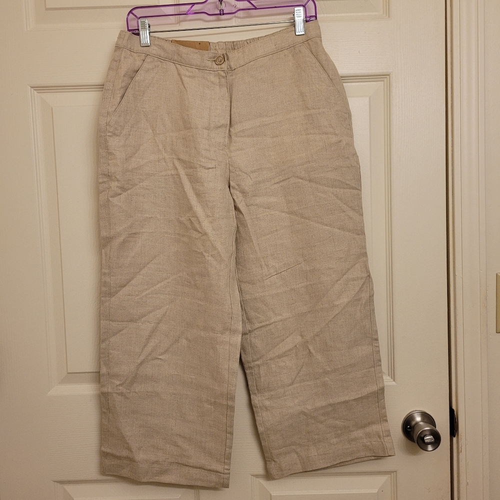 LLBean Women Capri Pants 100% Linen Size 10 Beige Beach Minimal